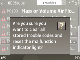 OBDscope clear codes warning